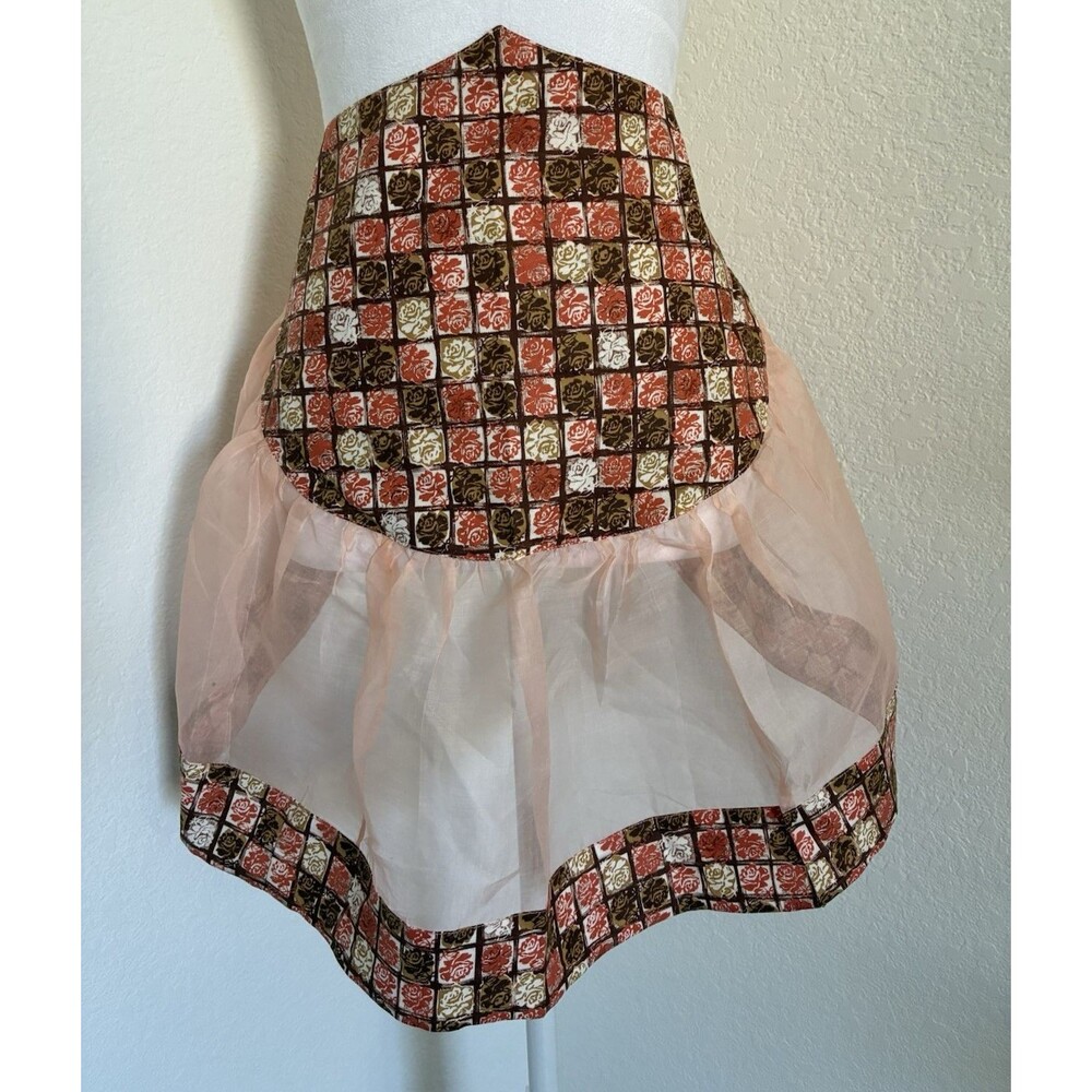 Vintage 1940s-1950s Handmade Half Apron Cottage Farmhouse Cotton & Chiffon